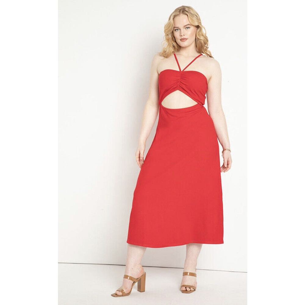 New Eloquii Womans Sz 22/24 Plus Dress Ribbed Halter Neck Stretch Red NWT